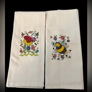 White Kitchen Towels with Colorful Bee and Ladybug Embroidery